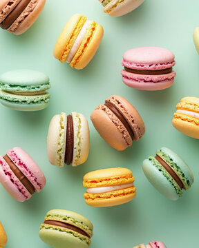 Kreatives Macarons-Ensemble auf Pastellgr&uuml;nem Untergrund