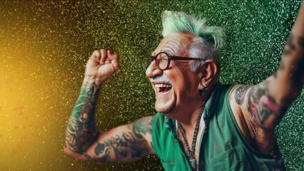 Animated picture shows 70 year old senior citizen with green hair, tattoos and earrings stretches his arms up exuberantly. He is happy and laughing. There is green glitter dust in the background.