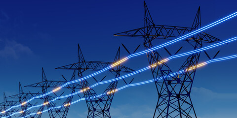 High voltage electric transmission tower with glowing current line, electrical power transmit through wire to city and house at night, Renewable green energy grid infrastructure concept 3d rendering - 715890097