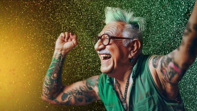 Animated picture shows 70 year old senior citizen with green hair, tattoos and earrings stretches his arms up exuberantly. He is happy and laughing. There is green glitter dust in the background.