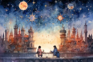 Obraz premium Celestial stargazers, mapping the constellations and unraveling the secrets of the universe - Generative AI