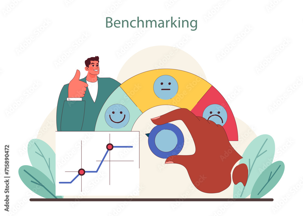 Poster benchmarking concept. an expert optimizes performance metrics using customer satisfaction and growth