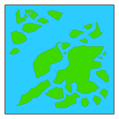 Fototapeta premium Imaginary map of the world with green continents, blue ocean. Map for banner, poster, print, cover or wall decoration. Fictional country art map. Concept geography vectorized map. 