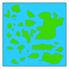 Imaginary map of the world with green continents, blue ocean. Map for banner, poster, print, cover or wall decoration. Fictional country art map. Concept geography vectorized map. 