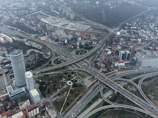 Aerial drone view of a road junction in Belgrade, Serbia, Europe.