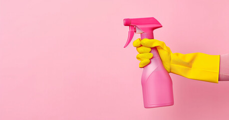 a hand in a yellow glove holds a pink spray bottle for cleaning on a soft pink background. Concept for advertising cleaning services, web template with space for text on the left. - obrazy, fototapety, plakaty