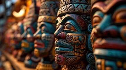 Mayan Colorful Wooden Masks. Mayan Mask. Mayan wooden handcrafted masks in a traditional Mexican market.  - obrazy, fototapety, plakaty