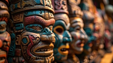Fototapeta na wymiar Mayan Colorful Wooden Masks. Mayan Mask. Mayan wooden handcrafted masks in a traditional Mexican market. 
