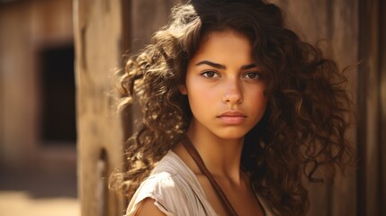 Fototapeta premium Photorealistic Teen Latino Woman with Brown Curly Hair retro Illustration. Portrait of a person in western movie vintage style. Cowboy spirit Ai Generated Horizontal Illustration.