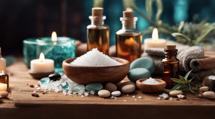 Obraz na płótnie Canvas beauty treatment items for spa procedures on wooden table, massage stones, essential oils and sea salt