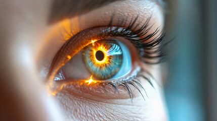 Close up of female eye with laser beam projection. Eyesight vision correction concept