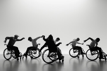 joy of a minimalist wheelchair dance class, showcasing the expressive and empowering nature of inclusive physical activities in a minimalistic photo