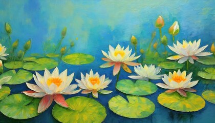 Obraz na płótnie Canvas bright art painted water lilies on a blue texture background art drawing photo wallpaper
