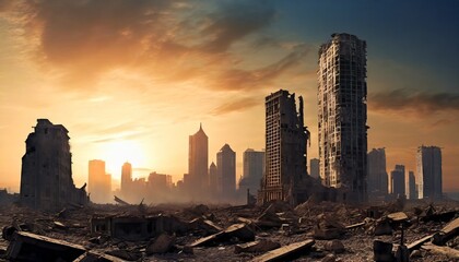 post apocalyptic skyline ruined skyscrapers  - obrazy, fototapety, plakaty