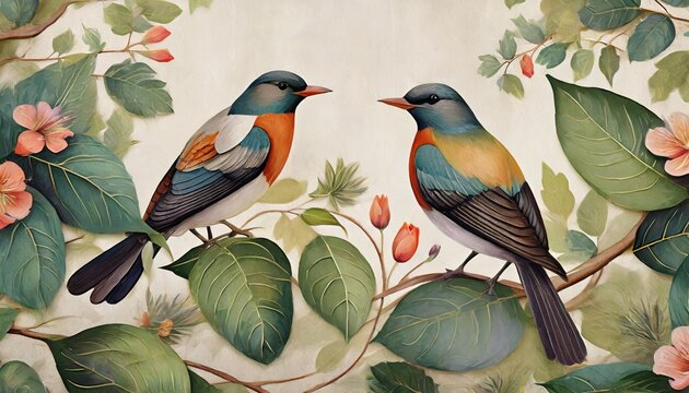 painting with birds that sit in the leaves art drawing on a textured background photo wallpaper as a picture