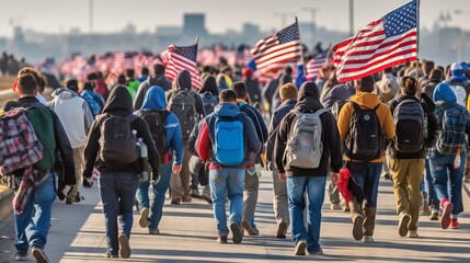 a large number of protesters gathered on the streets of the city with American flags in their hands concept: rallies in the city, crowds of people, strikes