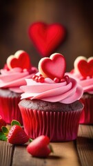 Romantic vertical postcard with cupcakes on grey wooden table background. Valentines day, Mothers day food concept image. Banner for Valentines Day card, romantic design, greeting card. Copy space.