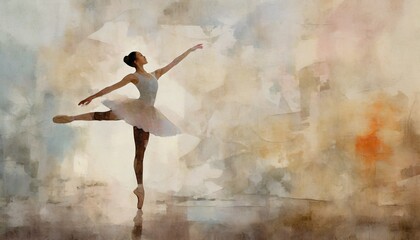 textured shabby and cracked wall on which a silhouette of a ballerina with watercolor elements is drawn photo wallpaper