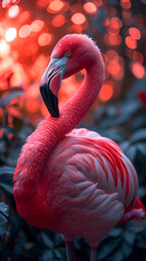 Elegant Flamingo Preening Feathers at Sunset in a Serene Wildlife Park. AI.