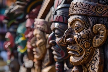 Fototapeta na wymiar Mayan Colorful Wooden Masks. Mayan Mask. Mayan wooden handcrafted masks in a traditional Mexican market. 