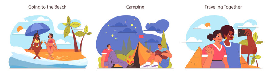 Friends activities set. Beach relaxation, camping under stars, and shared travel explorations. Cherishing moments in diverse settings. Joyful and adventurous companionship. Flat vector illustration.