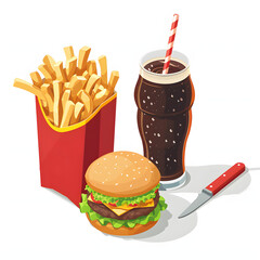 Isometric view of a fast-food meal with burger, fries, and soda