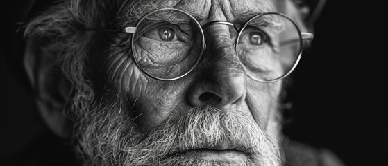 portrait noir et blanc en gros plan d'un vieil homme barbu et ridé