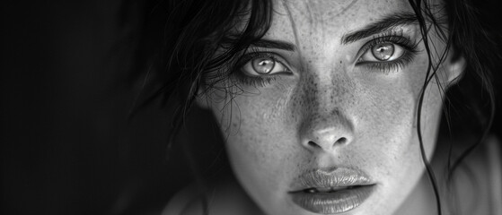 portrait noir et blanc d'une jeune femme brune en gros plan