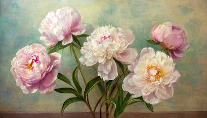 Naklejka na ściany i meble vintage peonies on a textured background in the interior of any room style composition drawing
