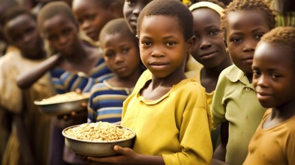 African boy holding a bowl of food, surrounded by other children, against the backdrop of the African countryside.