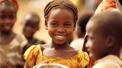 beautiful African girl with a beautiful smile against the backdrop of a poor African village Concept: poverty in Africa, humanitarian aid, African children