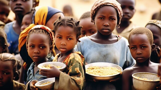 hungry poor african girl, in dirty clothes, stands with an empty bowl waiting for food concept: group of hungry poor african children, humanitarian aid, poverty in africa