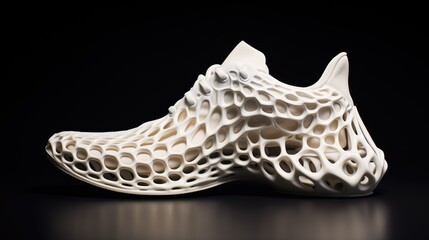Conceptual 3d printed sneaker manufactured with flexible thermoplastics and advanced techniques. White shoe isolated on black background.