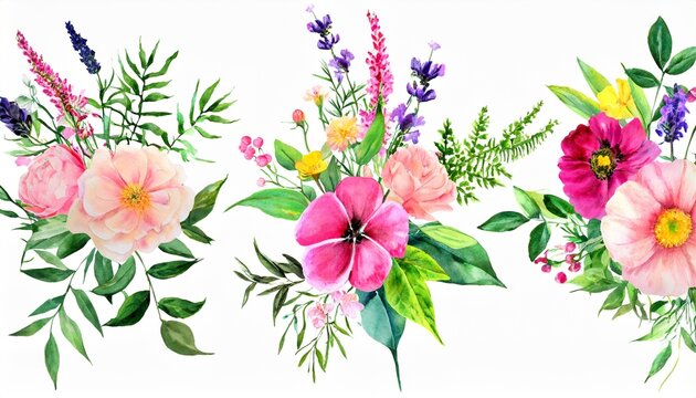pink watercolor arrangements with flowers set bundle bouquets with wildflowers leaves branches botanical illustration