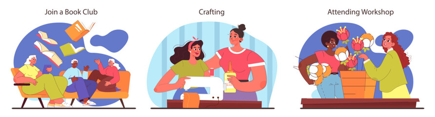 Friends activities concept. Diverse group delves into literary worlds, exchanging thoughts and insights. Creative crafting session. Hands-on workshop engagement. Flat vector illustration.