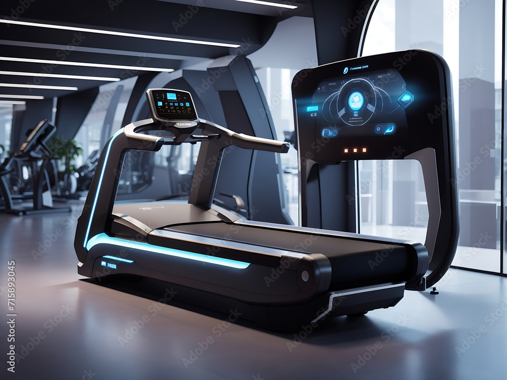 Poster the generic futuristic design of a gym treadmill machine with an interactive screen design.