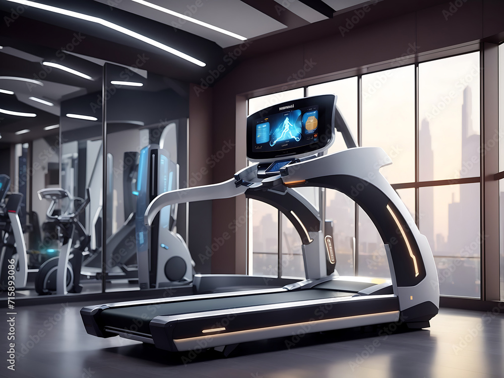 Poster the generic futuristic design of a gym treadmill machine with an interactive screen design.