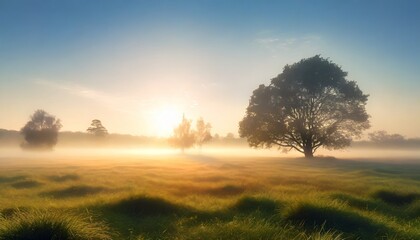 Fototapeta na wymiar tranquil foggy grassland and trees at sunrise