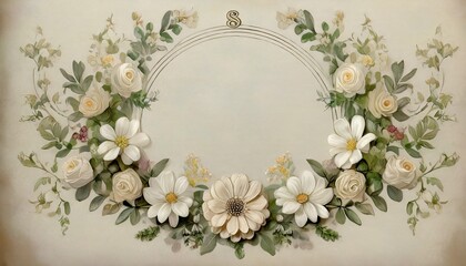vintage drawing depicting flowers surrounding a semicircle monogram photo wallpaper