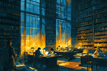 people working on french library in evening - obrazy, fototapety, plakaty