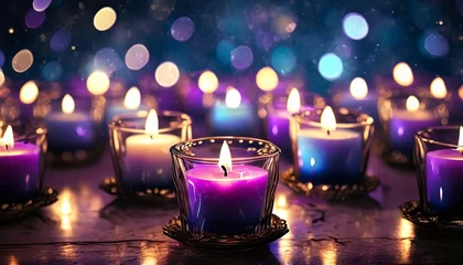 Foto op Aluminium candles with blue and purple flames dark background bokeh romantic background christmas or new year composition with burning candles in small glass candlesticks festive evening © William