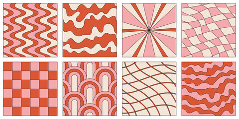 Retro groovy valentines background set. Red and pink hippie love romantic templates.