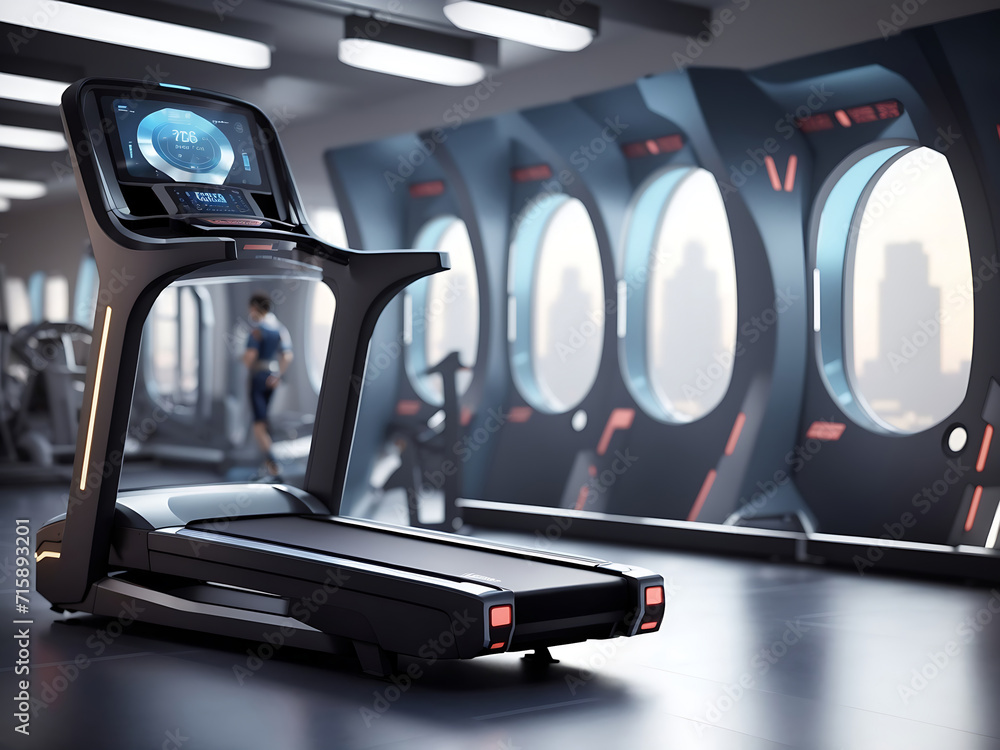 Poster the generic futuristic design of a gym treadmill machine with an interactive screen design.