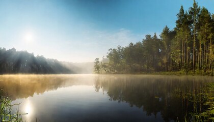 Fototapeta na wymiar foggy forest and lake at dawn