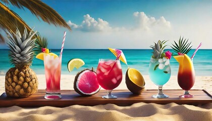 tropical cocktails in beach decorations banner - obrazy, fototapety, plakaty