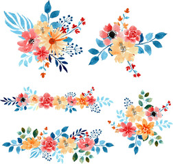 set of blue pink watercolor floral elements