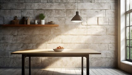 a table in the kitchen against a stone wall in the morning sunlight