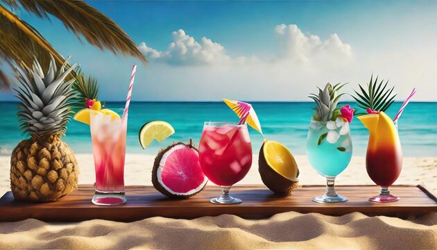 tropical cocktails in beach decorations banner