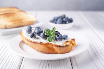 French toast with cheese and blueberries. Healthy breakfast