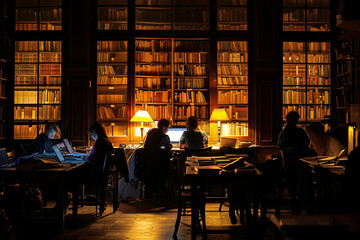 people working on french library in evening - obrazy, fototapety, plakaty